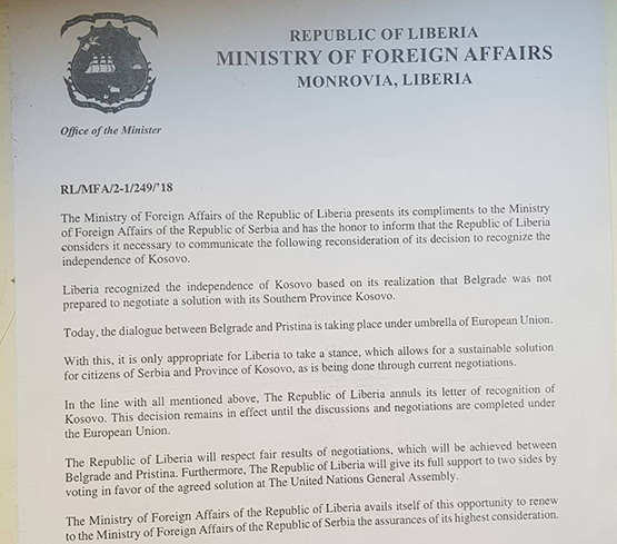 Liberija povukla odluku o priznanju